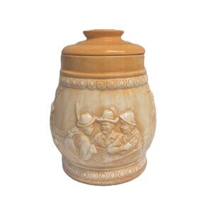 VTG Canadian Studio Pottery Cookie Jar Settler Tavern&Winter Scenes Signed Folk